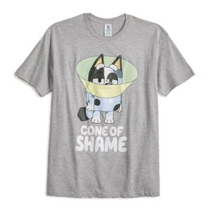 Seven Times Six Bluey Men's Cone of Shame Graphic Tee | Heather Grey Crew Neck T-Shirt Top Gray - 1 of 4