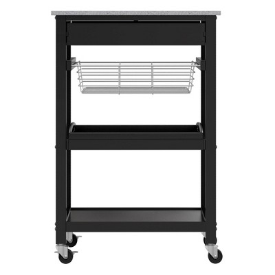 Transitional Julia Granite Top Black Kitchen Cart with Storage