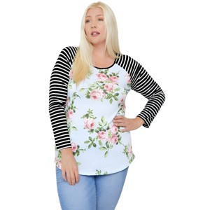 Slickblue Plus Size Floral Print Top, Raglan Striped Sleeve T-Shirt, Round Neck, Casual Style, Color and Size Options - 1 of 4