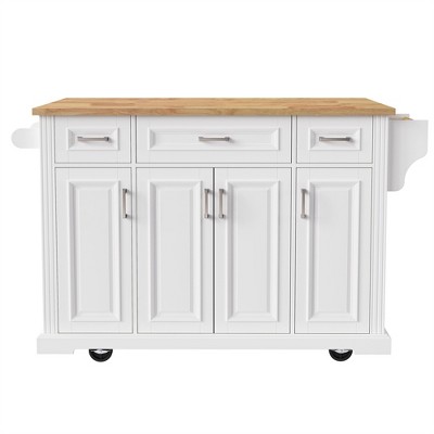 OUTSUPPLY Large Rolling Kitchen Island with Drop Leaf, Rubber Wood Top, Locking Wheels, Embossed Vintage Style Cart for Kitchen