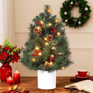 2 Ft Mini Pre-Lit Christmas Tree with Warm White Lights, Red Berries & Pine Cones - Small Tabletop Decor for Apartments, Dorms, Office - 1 of 4