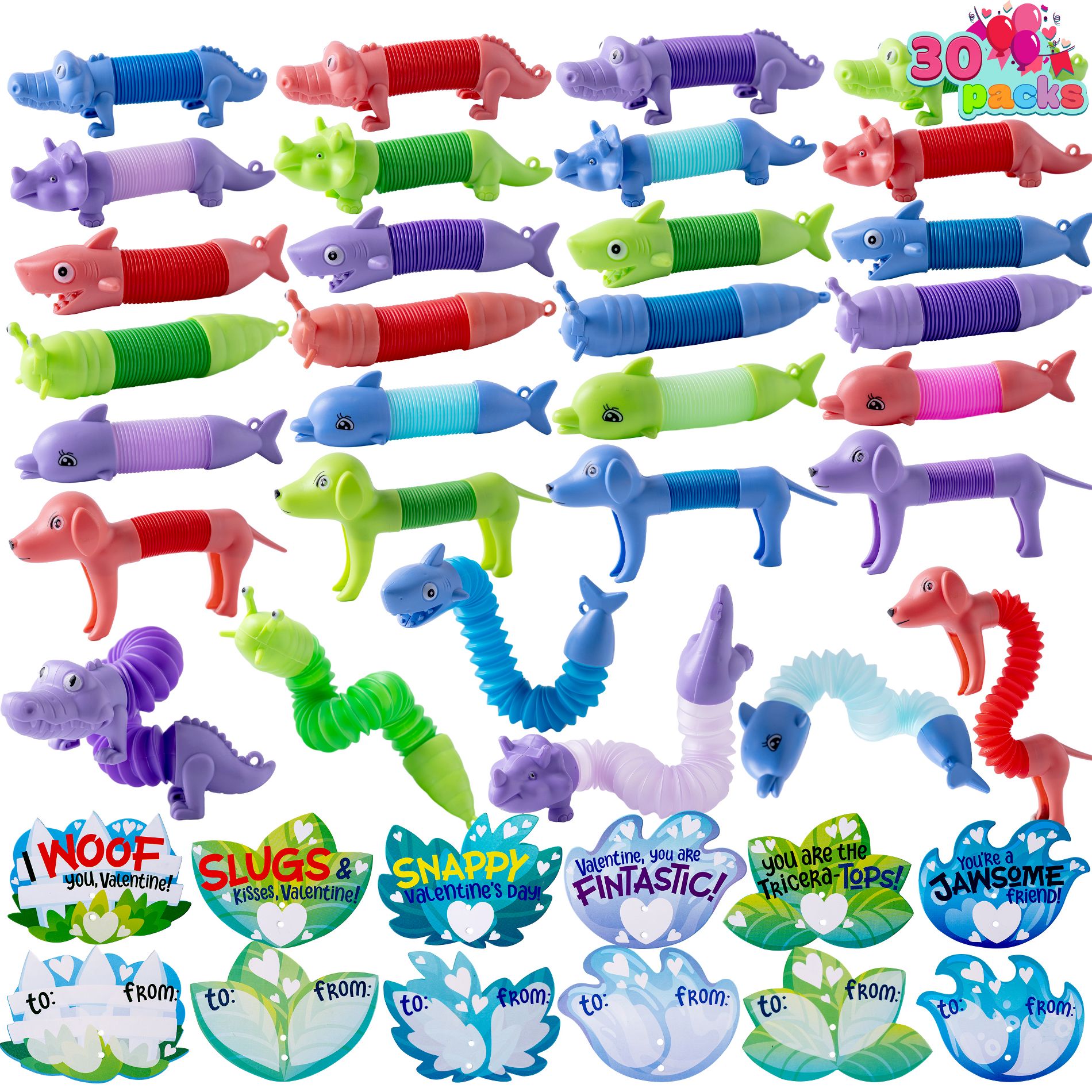 Joyfy 30 Packs Valentine's Day Animal Pop Tubes Fidget Toys | Stretchy Sensory Stress Relief Toys for Kids