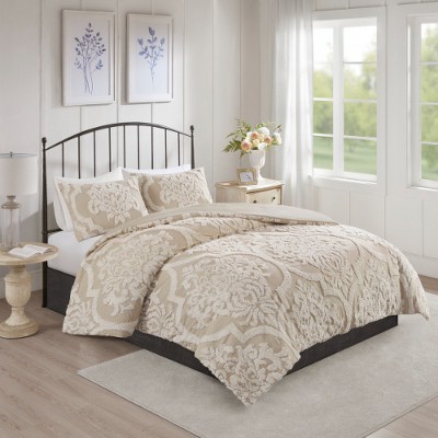 Lyngins 3 Piece Tufted Cotton Chenille Damask Comforter Set, Shabby Chic Bedding Set, 1 Comforter & 2 Shams, Hypoallergenic Quilt Bedding Set