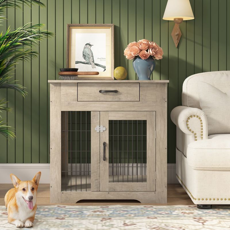 Furniture Style Dog Crate End Table with Drawer, Indoor Pet Kennels with Double Doors - ModernLuxe, 2 of 13