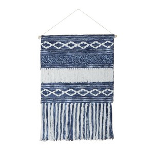 HomeRoots 26" X 51" Denim Blue And White Geometric Cotton Macrame Hanging Tapestry - 1 of 4