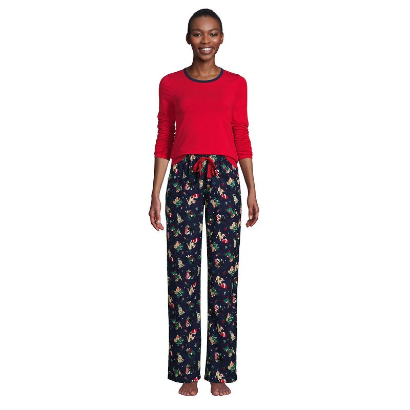 Lands' End Women's Pajama Set Knit Long Sleeve T-Shirt and Flannel Pants, 4 of 6