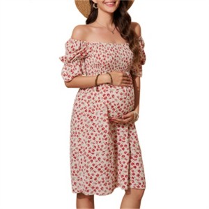 Clearlove Women's Floral Print Square Neck Shirred Puff Sleeve Maternity Dress Nursing Friendly Bump Flowy Maxi - 1 of 4