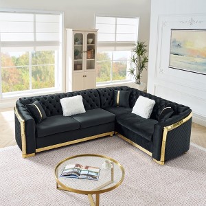 Luxury 106" Velvet L-Shaped Chesterfield Sectional Sofa with Gold Steel Accents, Tufted Design & 5 Pillows, for Living Room, Easy Assembly - 1 of 4