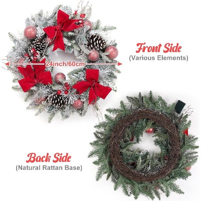24in Prelit Christmas Wreath with 30 LED Lights, Artificial Snowy Holiday Wreath for Wall, Fireplace, Front Door, Window Home Decor, Battery Operated