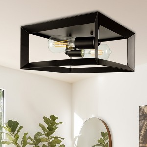 DORESshop 2-Light Black Farmhouse Caged Square Flush Mount Industrial Vintage Ceiling Lighting - 1 of 4