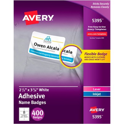 Avery 5395 Adhesive Name Badge Labels, Rectangular, White, Box of 400