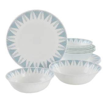 Gibson Piper Point 12 Piece Opal Glass Dinnerware Set in White With Red Accents