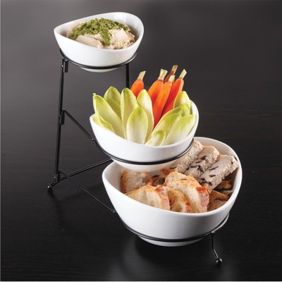 White Ceramic 3-Tier Oval Bowl Set with Metal Stand