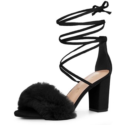 Allegra K Women's Faux Fur Open Toe Lace Up Strappy Chunky Heel Sandals