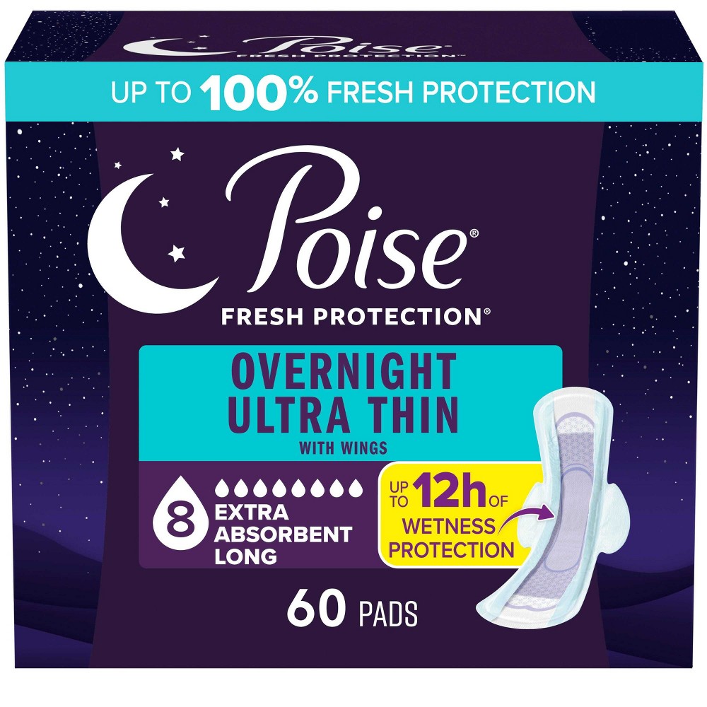 Poise Ultra-Thin with Wings Long Overnight Pads - 60ct