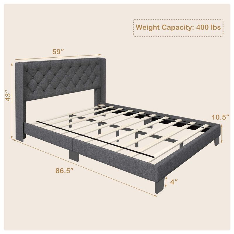 Costway Full/Queen/Twin Size Upholstered Platform Bed Tufted Headboard Mattress Foundation Grey, 3 of 11