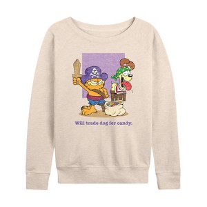 Women's - Garfield - Will Trade Dog For Candy Lightweight French Terry Wide Neck Long Sleeve Shirt - 1 of 4