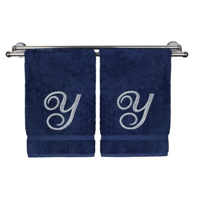 BC BARE COTTON Monogrammed Hand Towel, 100% Turkish Cotton - Set of 2 - Navy - Silver Script