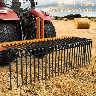 Garvee 60 Inch Pine Straw Rake, 26 Coil Spring with 3 Point Hitch Receiver Attachment Fit to Cat0 Cat 1 Tractors for Leaves Grass, Yellow