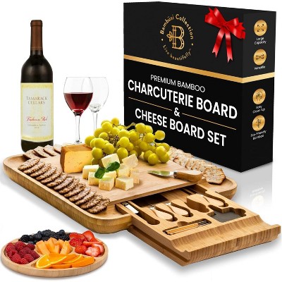 Bamboo Charcuterie Board Gift Set - Cheese Board with Hidden Drawer, Knives & Accessories - Housewarming, Wedding, and Holiday Gift - Bambüsi