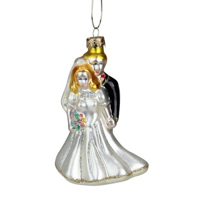 Northlight 4" White and Black Glittered Bride with Groom Glass Christmas Ornament