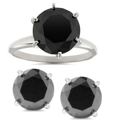 Pompeii3 5ct Black Diamond Solitaire Engagement Ring & Studs 14K White Gold