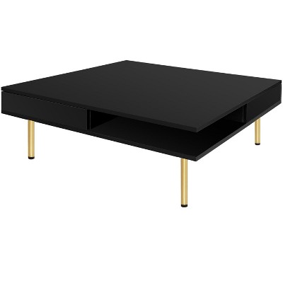 Lirago Modern High Gloss Coffee Table with 4 Golden Legs and 2 Hidden Drawers, 2-Tier Square Living Room Center Table, Black