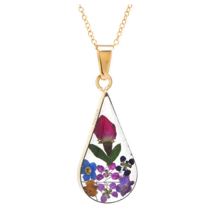 Women's Gold over Sterling Silver Pressed Flowers Teardrop Pendant (18"), 1 of 2