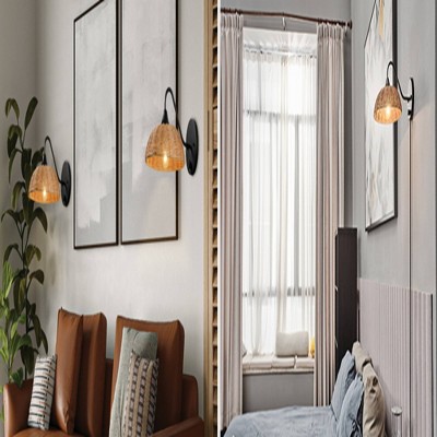 Globe Electric 1-Light Matte Black Plug-In or Hardwire Wall Sconce with Blonde Paper Twine Shade