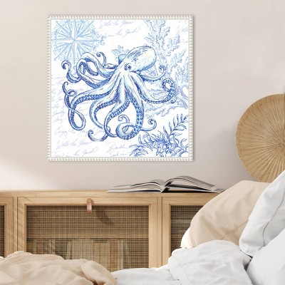 Blue Coastal Octopus Sketch Framed Canvas Wall Art