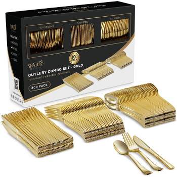 SparkSettings Gold Disposable Plastic Silverware, Set of 300