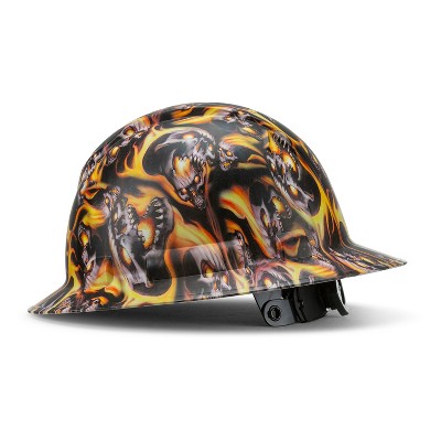 AcerPal 1SK6WH6M-S Full Brim Pyramex Customized Down In Flames Skull Design Hard Hat Construction Safety Helmet with 6 Point Suspension