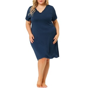 Agnes Orinda Women's Plus Size Solid Comfort Lace V Neck Short Sleeves Midi Knit Nightgowns - 1 of 4