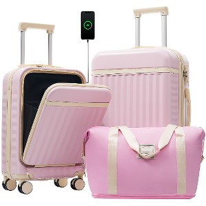 Lyngins 3-Piece Front Opening Luggage Set – 20" Carry on Luggage & 24" Expandable Suitcase with Matching Duffel Bag, USB Port, 360° Spinner Wheels - 1 of 4