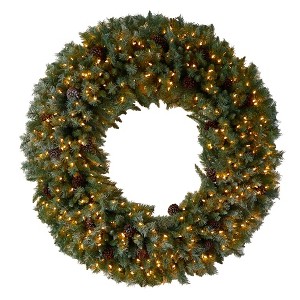 Nearly Natural 5’ Giant Flocked Christmas Wreath with Pinecones, 400 Clear LED Lights and 760 Bendable Branches - 1 of 4