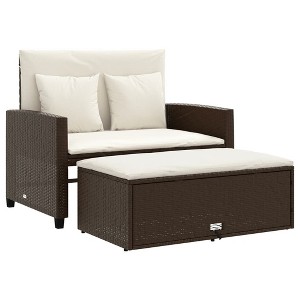 vidaXL Patio Sofa with Cushions - Brown Poly Rattan 2-Seater Outdoor Bench/Bed with Storage and Footstool - 1 of 4