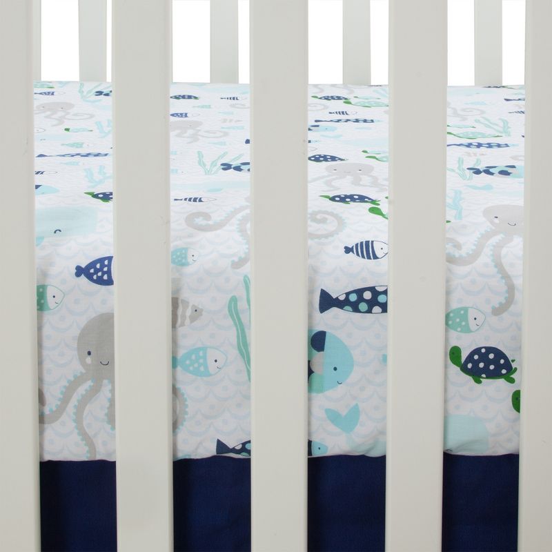 Lambs & Ivy Oceania 100% Cotton Fitted Crib Sheet - White with Blue Nautical/Aquatic Fish and Octopus, 2 of 4