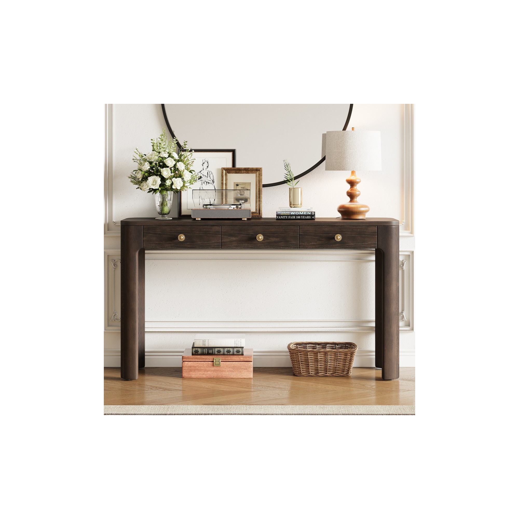 52" Modern Espresso Console Table with Storage Drawers, Retro Entryway Table with Curved Corners, Sturdy Sofa Table for Living Room-Panipeachy