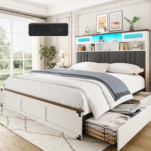 Upholstered Platform Bed Frame with Bookcase Storage Headboard and 4 Drawers, Antique White - 1 of 4