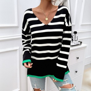 Women's V-Neck Striped Sweater Color Block Knit Top Long Sleeve Side Slit Pullover Top - 1 of 4