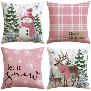 Christmas Throw Pillow Covers 18x18 Inch Set of 4, Scottish Tartan Plaid Snowman Reindeer Winter Pink - 1 of 4