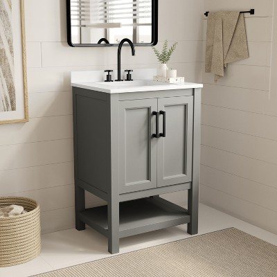 Merrick Lane Bathroom Vanity with Ceramic Sink, Carrara Marble Finish Countertop, Storage Cabinet with Soft Close Doors and Open Shelf