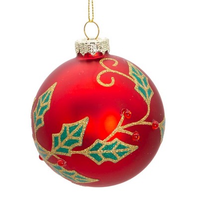80MM Red Glass Ball Ornaments with Holly Leaves and Rhinestones, Set of 6