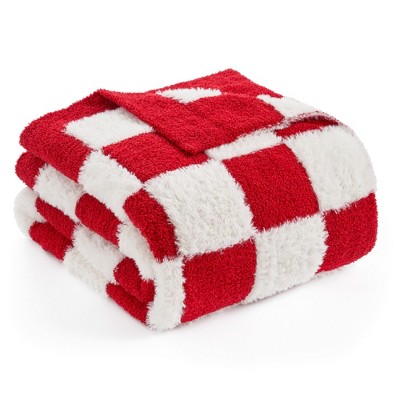 Snuggle Sac Faux Fur Checkered Throw Blanket, Fluffy Feather Yarn Blend Bedding Blankets for Couch or Bed