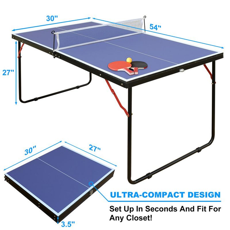 Portable Ping Pong Table Set, 4.5ft Mid-Size Table Tennis Game Set, Foldable Ping Pong Table, Blue, 5 of 7
