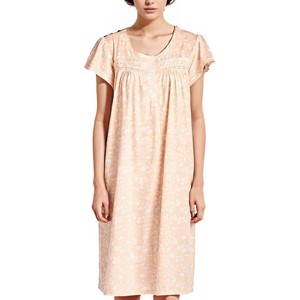 YafeMarte Women’s Short Sleeve Cotton Blend Nightgown with Lace Trim and Floral Design - 1 of 4