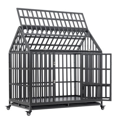 Dog Cage, Heavy-Duty Pet Crate With Roof And Window On Roof, Metal Pet Kennel Playpen With Lockable Wheels For Indoor Outdoor