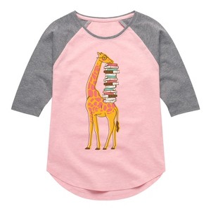 Girls' - Instant Message - Giraffe Carrying Books Shirt Tail Raglan Graphic T-shirt - 1 of 3