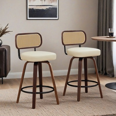 Swivel Bar Stools Set of 2, 26" Upholstered Faux Leather Counter Height Barstools with Walnut Back & Bentwood Legs - Leovsnove