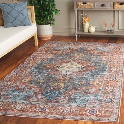 Rust and Blue Green 4' x 6' Synthetic Washable Area Rug